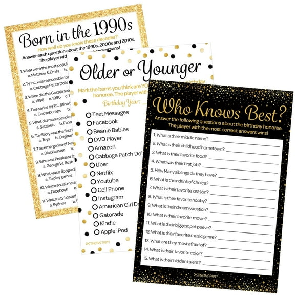 Nostalgic 90s Birthday Game Collection - Fun Black and Gold Bundle for 25th or 30th Celebrations - Includes 3 Engaging Games for Up to 20 Guests to Enjoy