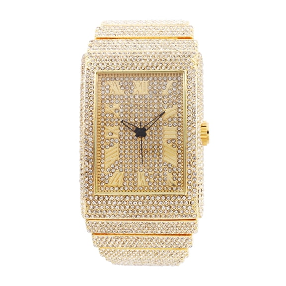 Luxury Iced Out Round watch or Bling-ed Out Baguette-Cut Rectangular Watch with Crystal Diamond watch Pave Design (ST10602 Gold)