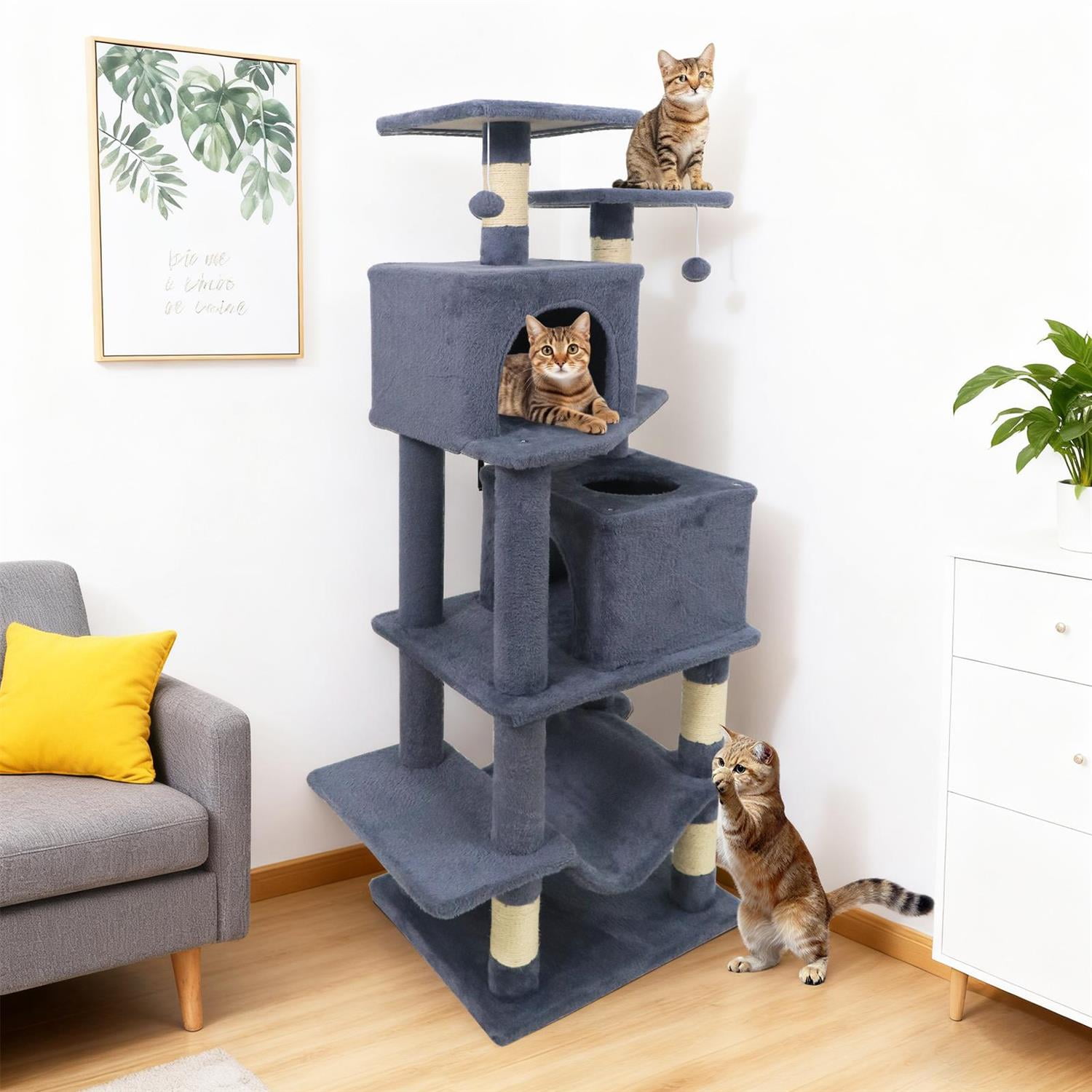 Pefilos 57" Cat Tree, Dual Condos & Hammock, 2 Dangling Balls & Sisal Scratching Posts, Gray