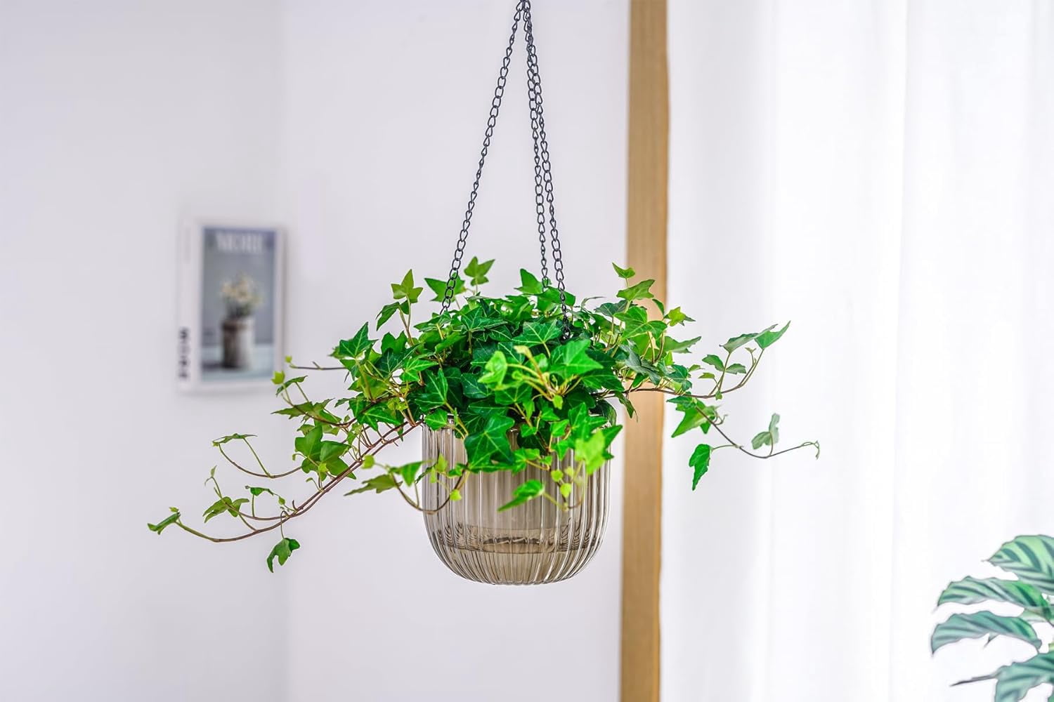 GIXUSIL 3-Pack 4 inch Self-Watering Hanging Planters with Drainage Holes, Green Indoor Outdoor Flower Pots with 3 Hook Chains for Garden Home