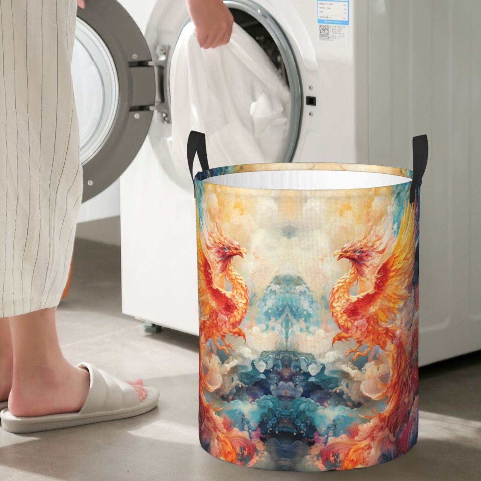 Large Laundry Basket with Handles - Golden Fiery Phoenix Kids Baby Dirty Clothes Laundry Hamper for Bedroom Aesthetic