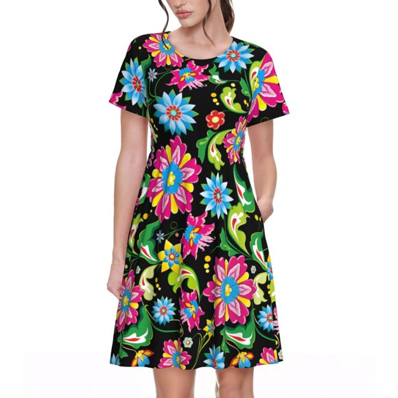 Bixox Women's Short Sleeve Summer Dress Loose Swing Knee Length Dresses with Pockets-Vector Mexican Otomi Style Bright