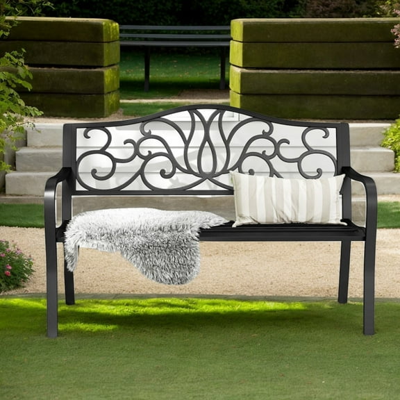 Yardi Yarda 50 Inches Outdoor Garden Bench, Bench with Floral Design Backrest and Slatted Seat for Outdoor as Yard, Black