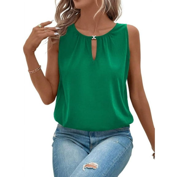 Tank Top for Women Keyhole V Neck Sleeveless Summer Casual Loose Fit Business Cute Floral Basic Shirt Blouse Green XL