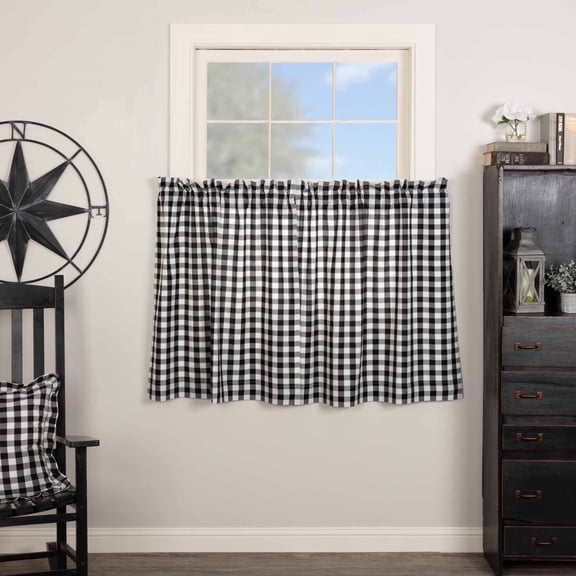 VHC Brands Annie Buffalo Check Cotton Farmhouse Kitchen Curtains Rod Pocket 36x36 Tier Pair, Black