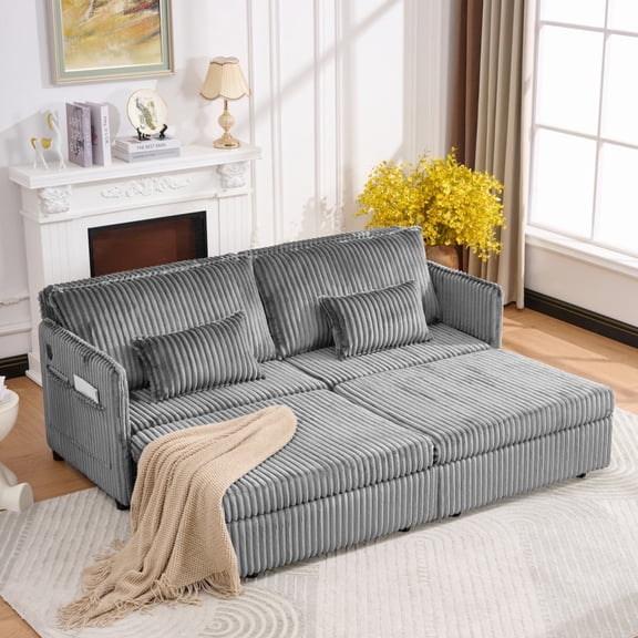 3-in-1 Convertible Sofa Bed, 73" Pull Out Sofa Bed with Charging Station, Corduroy Loveseat Sleeper Sofa Bed with Side Pocket for Living Room, Grey