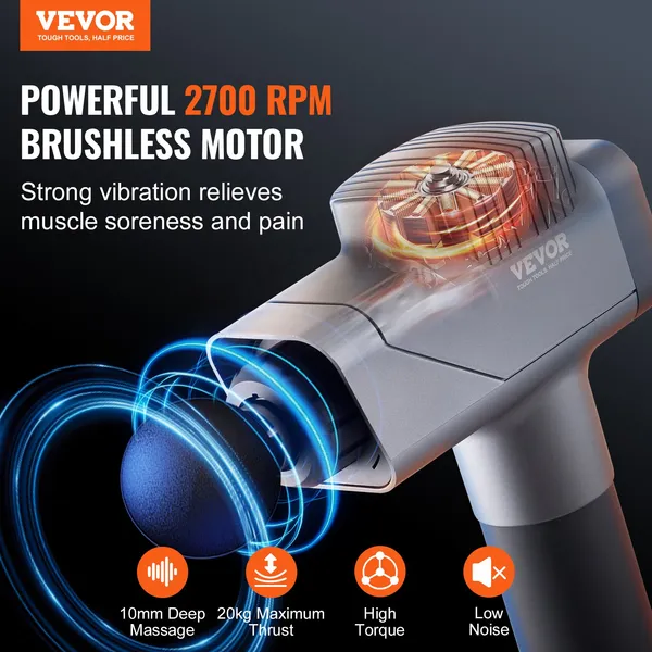 Deep Tissue Percussion Massage Gun for Athletes with 8 Speeds 6 Heads 16V 2500mAh Battery Handheld Muscle Pain Relief Relaxation