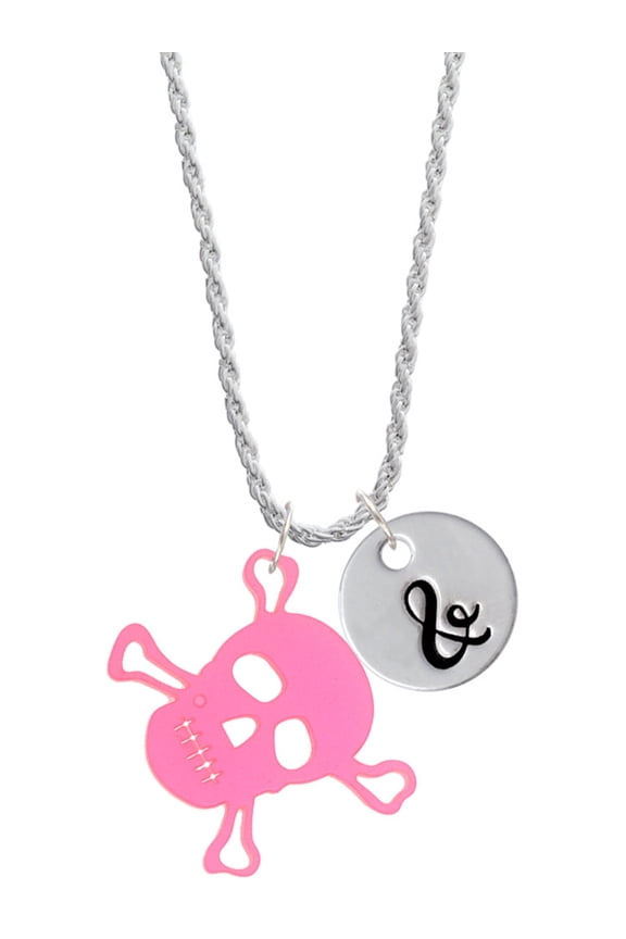 Acrylic Large Pink Skull Silvertone Script Initial Disc - & - Charm Necklace, 20"+3"