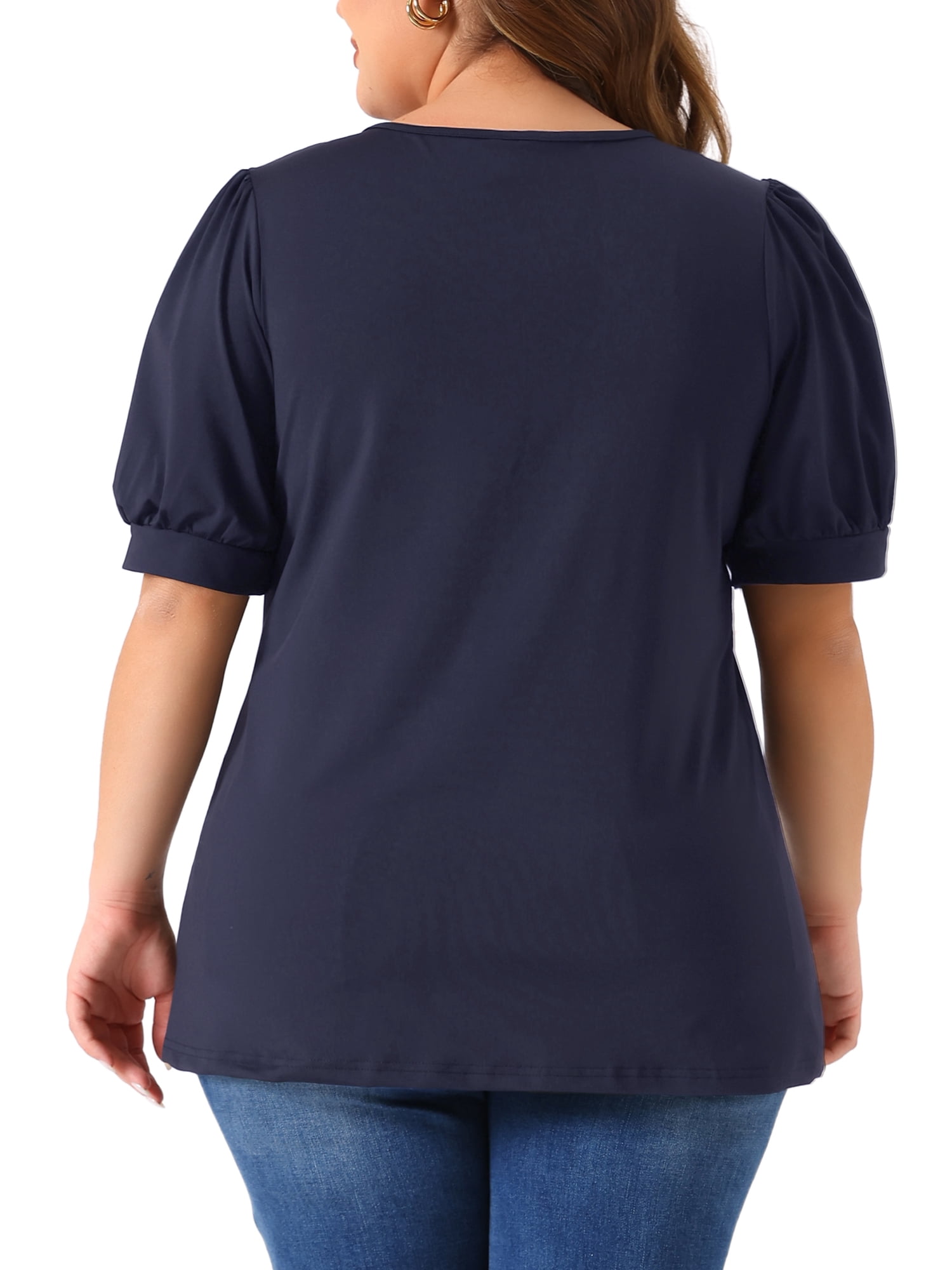 Women's Plus Top Puff Short Sleeve Tops Crew Neck Pleated Shirts Tunic Blouses 4X Navy Blue