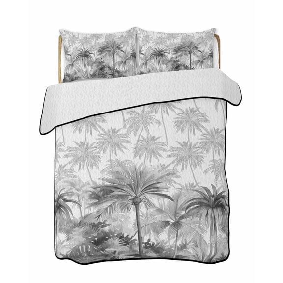 Summer Tropical Leaves Summer Quilt Set Twin Size, Soft Microfiber Quilted Bedding Set with 2 Pillow Shams, Gray Palm Trees Botanical Lightweight All Season Bedspread Coverlet for Bedroom 68"x86"