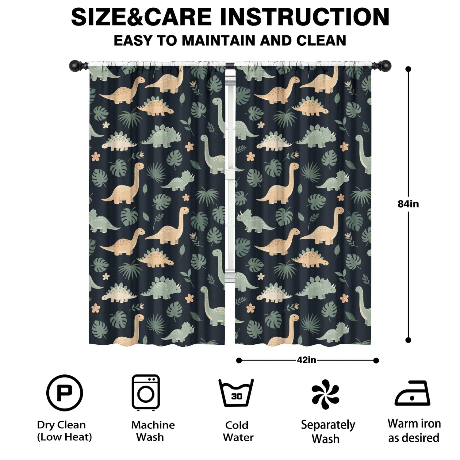 Blackout Kids Curtains,Dark Green Leafy Dinosaurs Pattern Childrens Insulated Curtains Set Of 2,Bedroom Essentials,Toddler Room Decor 42"x84"