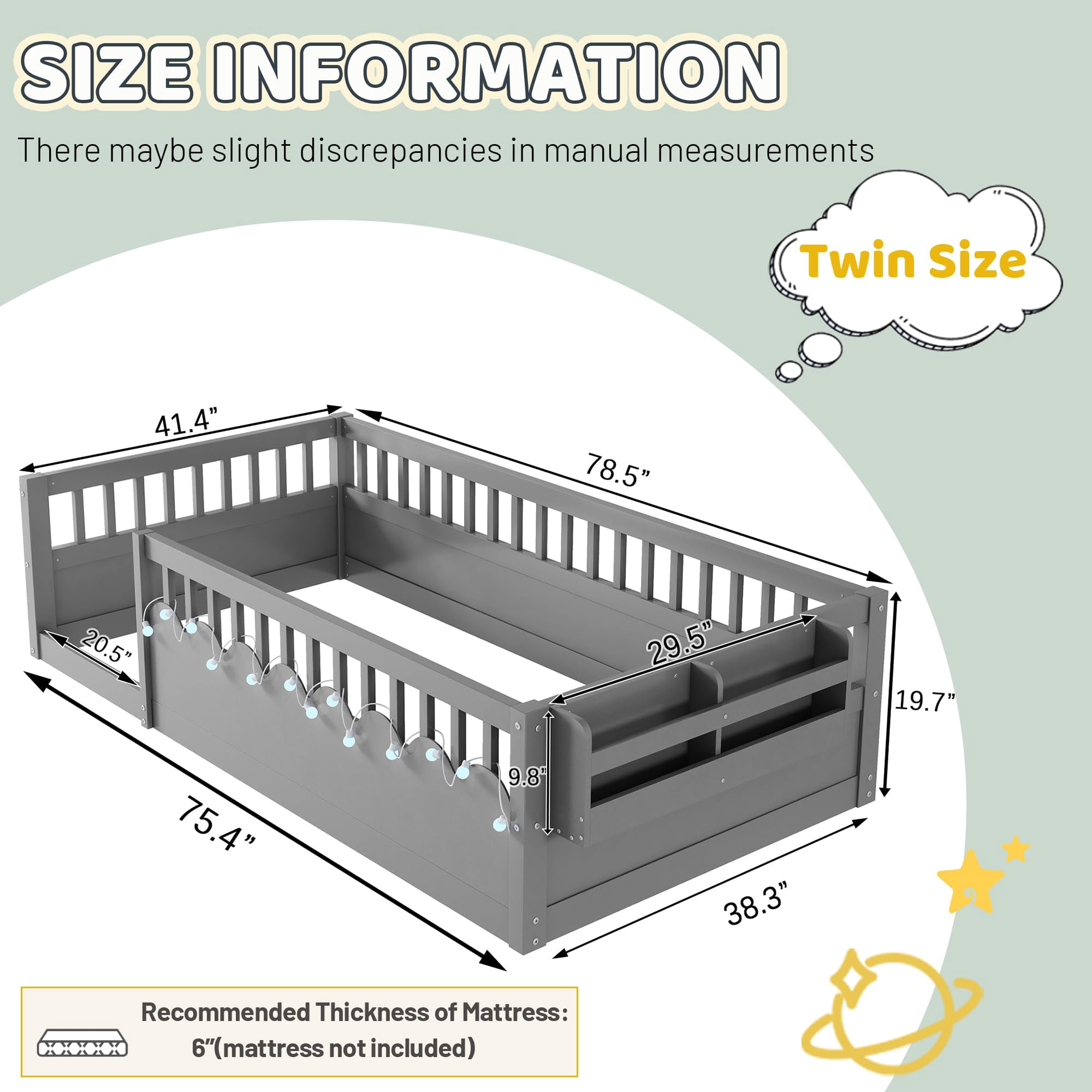 Mirightone Twin Montessori Floor Bed with  Rails and Storage Shelf, Wood Floor Bed Frame with Light for Boys Girls, Gray