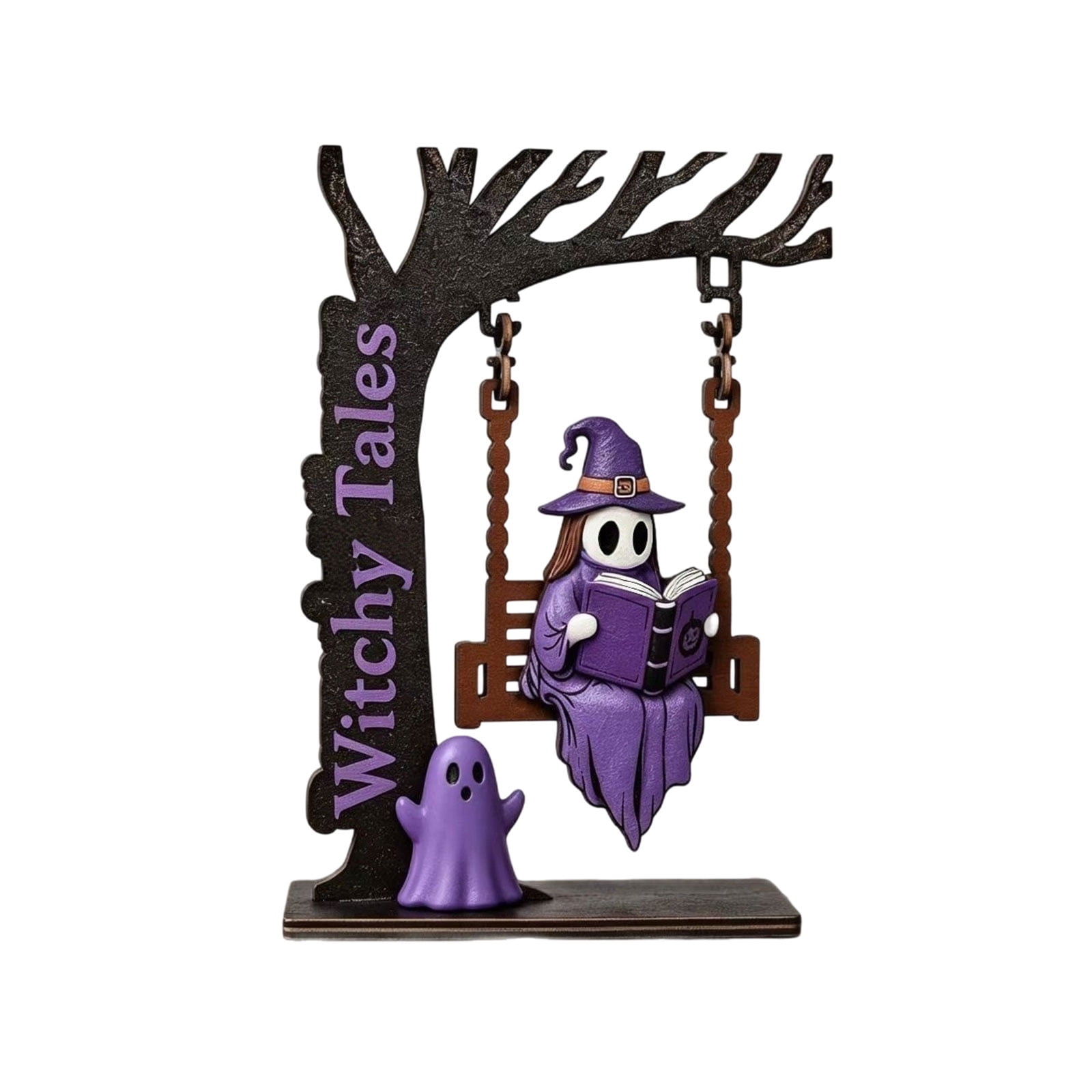 Halloween Wooden Tree Swing with Hanging Witch and Ghost Bookend Featuring Purple Decor and Spooky Design Functional Witch Halloween Decorations and Cute Desk Accents for Home