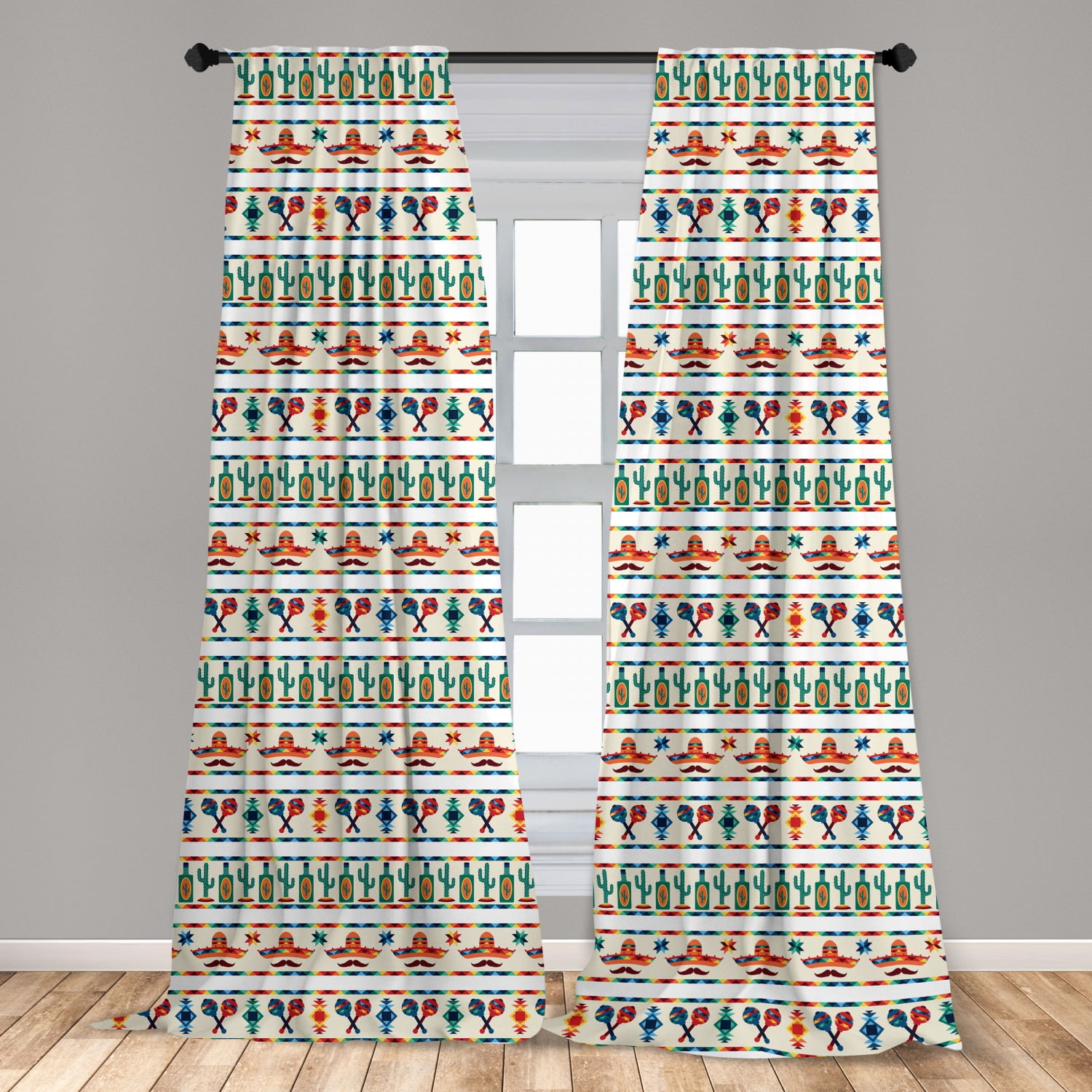 Mexican Curtains 2 Panels Set, Latin American Cultural Native Borders