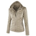 thumbnail image 3 of Chaqueta Springrain de piel sintética para moto motera con capucha para mujer, color albaricoque, 3 of 7
