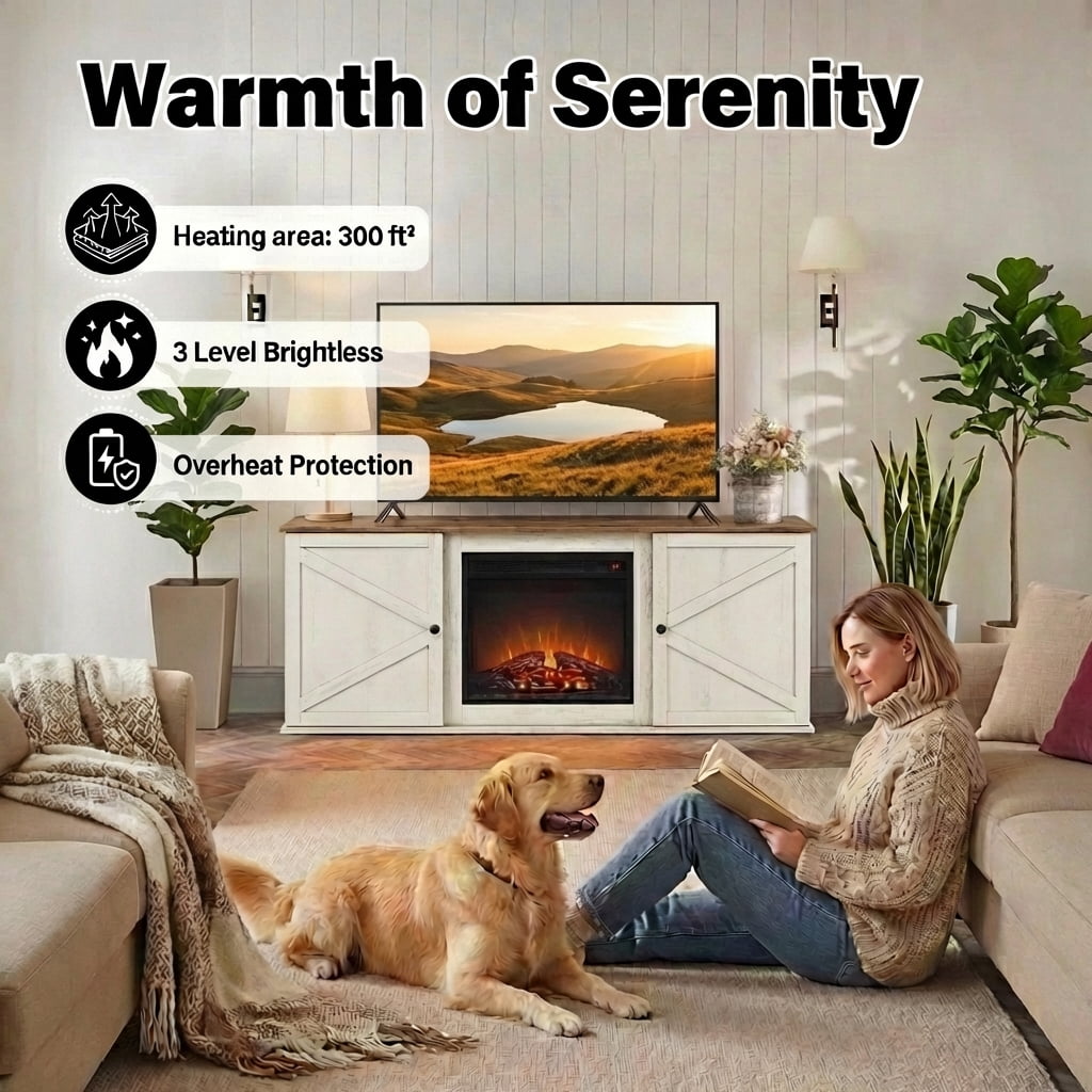 LEDREM Rustic Entertainment Center with 18" Electric Fireplace, Storage Media Stand with Adjustable Compartments for 65 Inch TVs, Farmhouse TV Console with Storage Cabinets