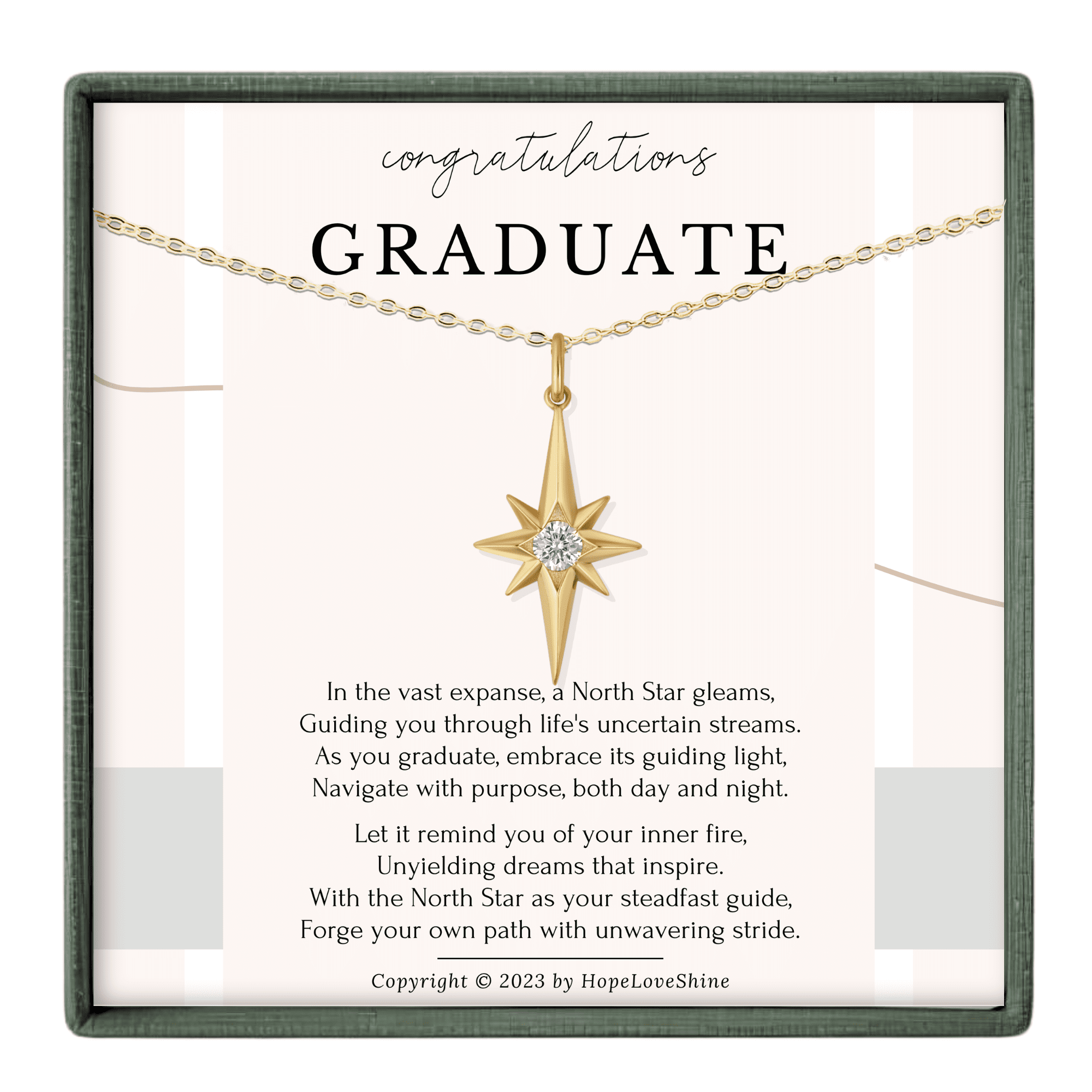 HOPE LOVE SHINE Graduation Necklace – Gold North Star Gift for College or High School Graduate