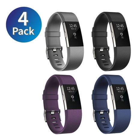 Zodaca 4-pack (Black & Purple & Gray & Dark Blue) fitbit charge 2 Replacement Bands Accessory Soft Silicone Rubber Adjustable Wristband Strap Band with Watchband-style Buckle for Fitbit Charge (Best Fitbit Charge 2 Replacement Bands)