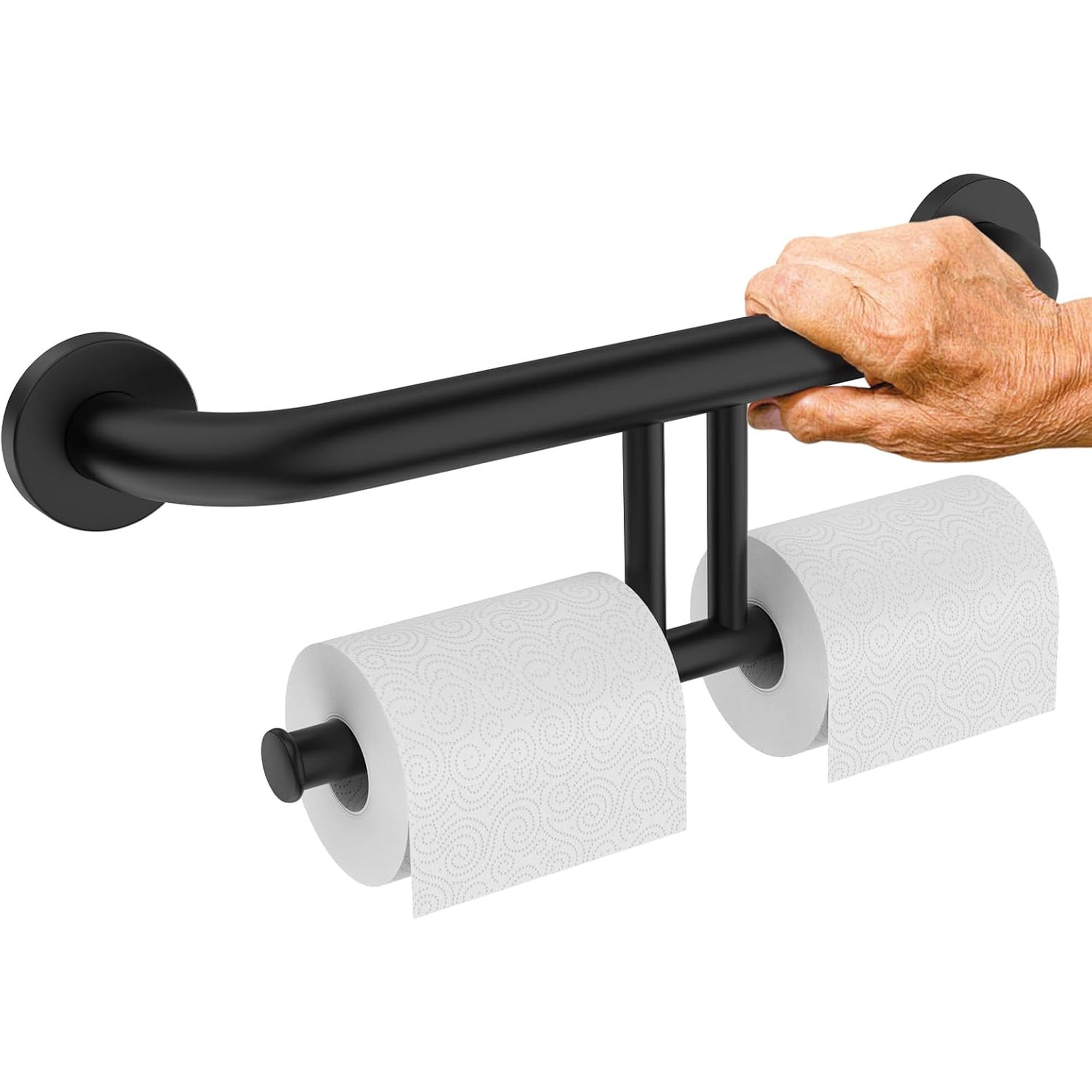 Grab Bar w/Double Toilet Paper Roll Holder Black, Stainless Steel Shower Support Handle Balanced Support Bars, Wall Mounted Safety Handrail Grab Rail for Elderly Senior Handicap Disabled
