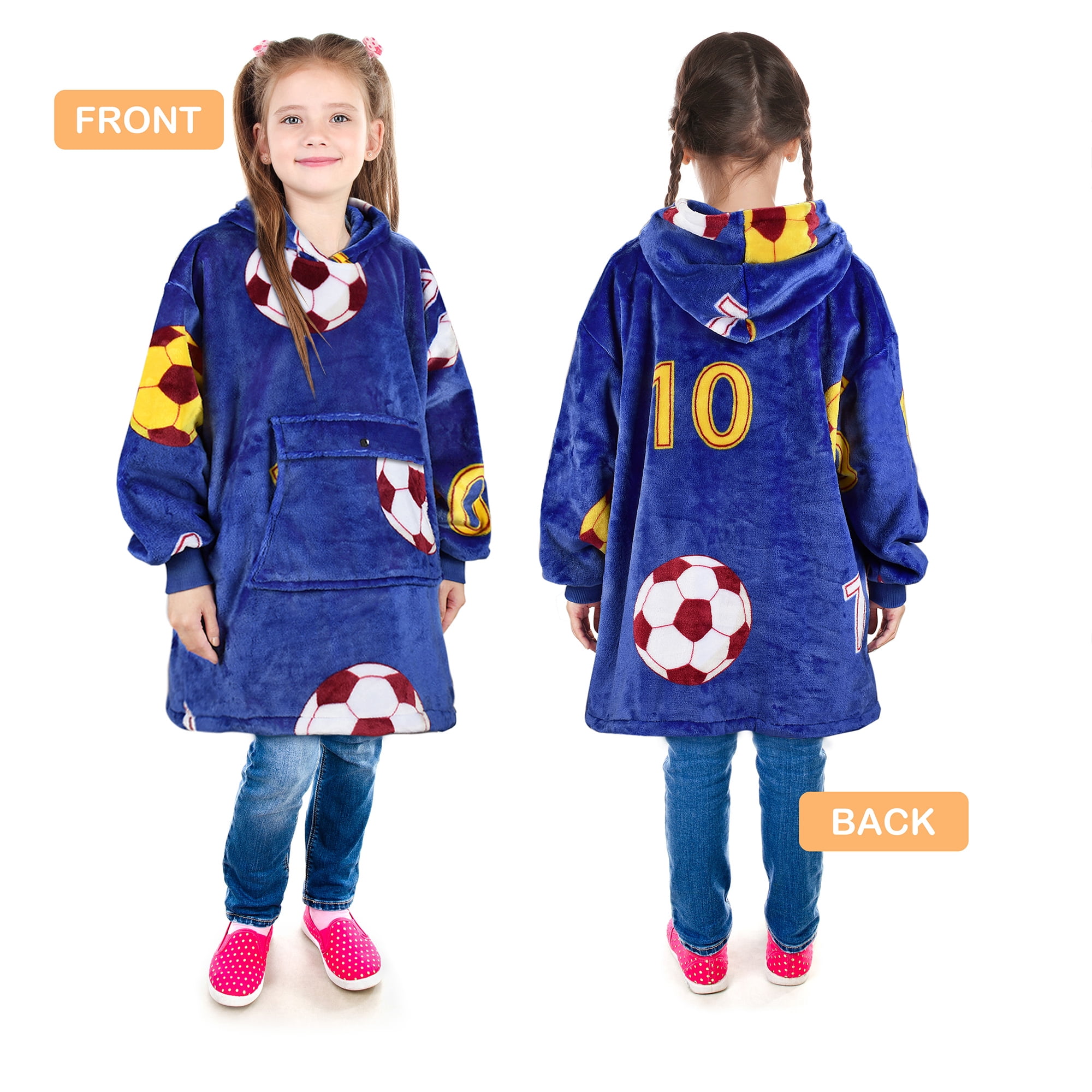Catalonia Soccer Blanket Hoodie Sweatshirt for Kids, Oversized Wearable Snuggy Fleece Pullover, 4-12 Years Boy Sports Football Fanatic Gift