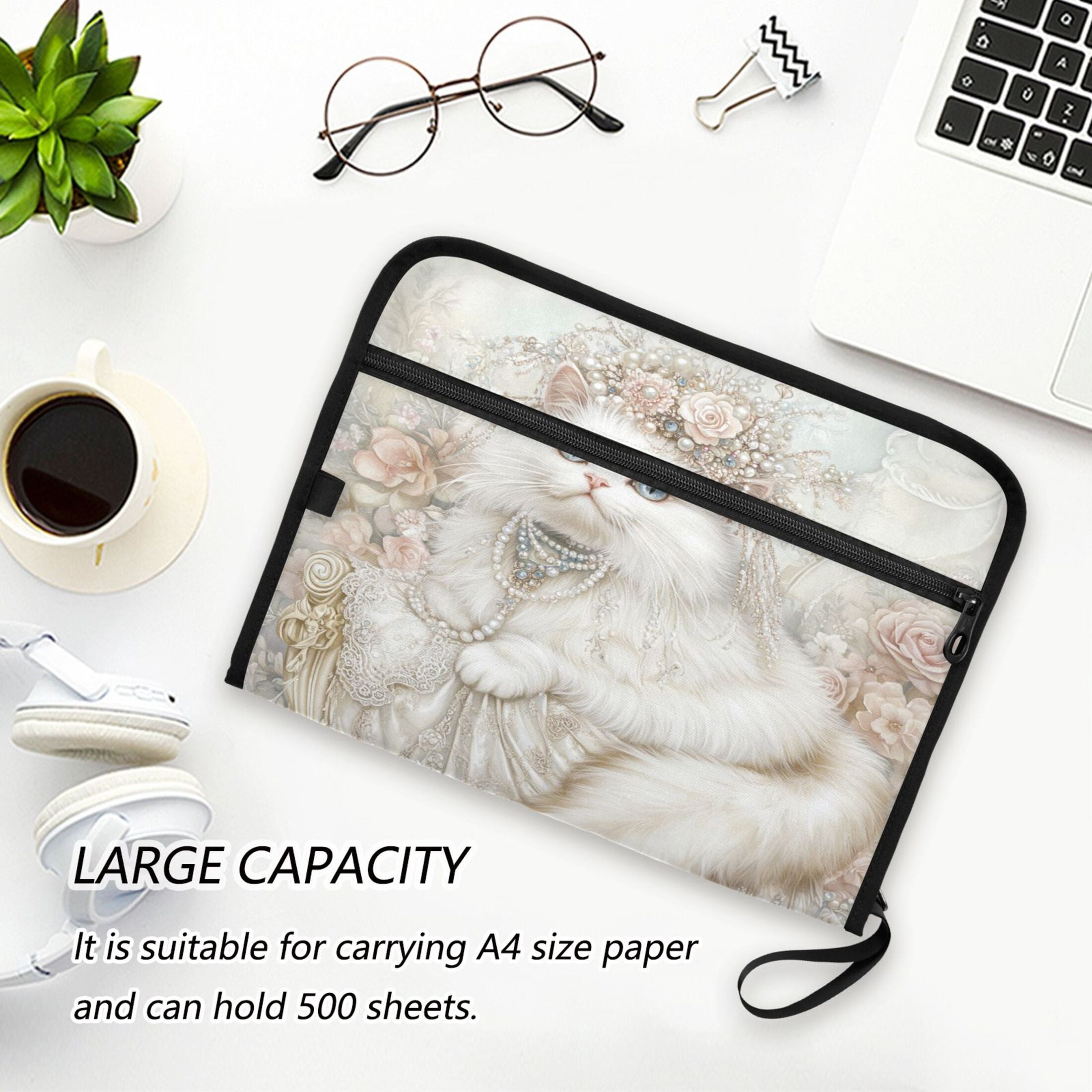 WOBOGO Gorgeous White Cat Expanding File Folder Letter Size Accordion Filing Organizer 13 Pocket Separate Organ Pocket