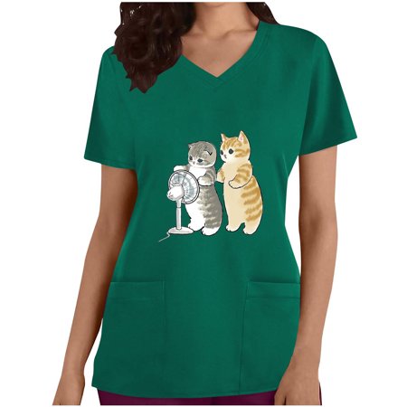 

LWZWM Scrub Tops Women Short Sleeve Working Uniform with Pocket Casual V Neck Summer Holiday Workwear Kittens Blouse Green XXL