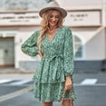 thumbnail image 4 of IWEMEK Women Dresses V-Neck Wrap Tiered Cocktail Dress with Belt Leopard Printed Leisure Comfy Long Sleeve Green Sundress, 4 of 7