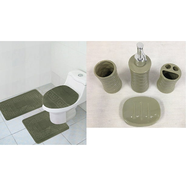 7 Piece Bath Accessory Set Sage Green Bathroom Rugs Contour Mat