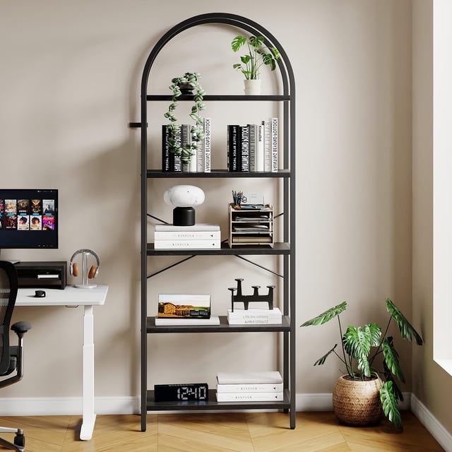 Yiwa Tall Arched Bookcase, 5-Shelf Metal Frame Bookshelf, Open Storage Display Rack for Bedroom, Living Room, or Office