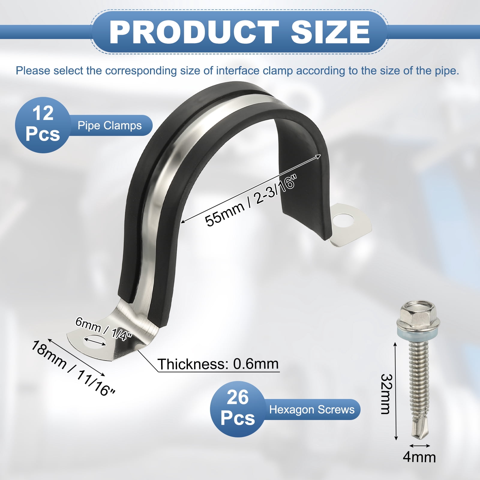Uxcell 12Pcs Pipe Clamps, 2-3/16 Inch 304 Stainless Steel Rubber Cushioned U Bracket