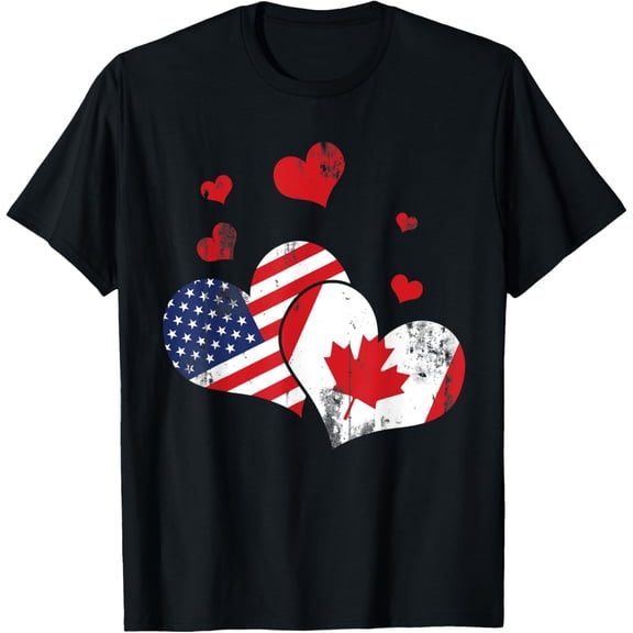 Patriotic Canadian USA Flag America Lover Hearts Canada T-Shirt