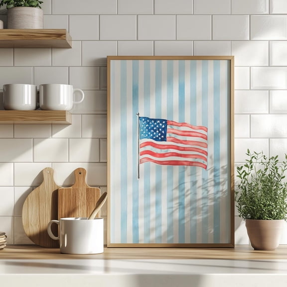 Minimal American Flag Wall Art, Coastal Preppy Summer Decor, Unframed Paper Print Size 8x12