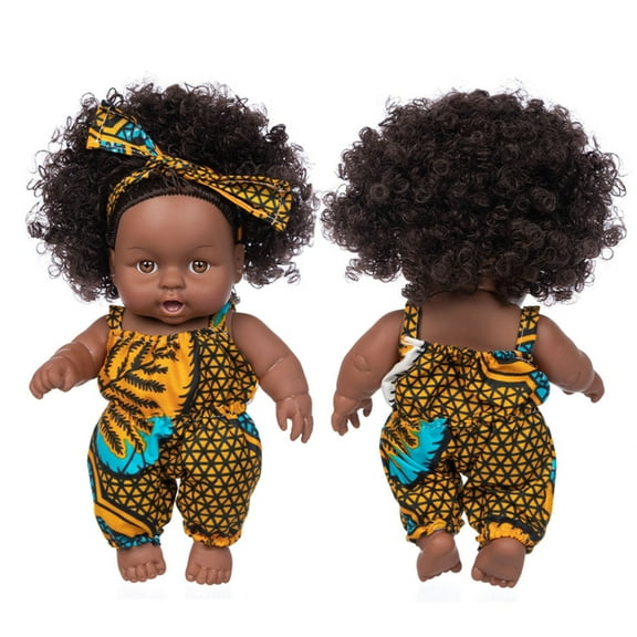 Nsxcdh Black Kids Doll,8-Inch Cute Curly Hair Vinyl Toy,African American Kids Figure,Realistic Newborn Doll for Boys and Girls Play