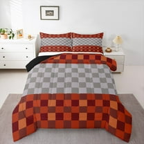 Homewish Abstract Pixel Plaid Bedding Comforter Set,Minimalist Geometric Checkered Twin Comforter Sets,Gray Orange Grid Bedding Set For Teens,Ultra Soft Home Decor Reversible,2 Pieces