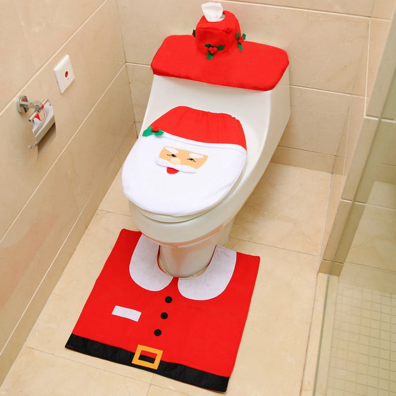 Santa Clause Elf Toilet Seat Cover & Floor Mat Bathroom Father Christmas Xmas 