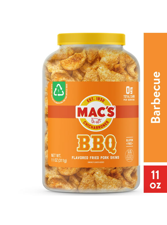 Mac's Chicharrones BBQ Flavored Crispy Fried Pork Skins, 11 oz Canister