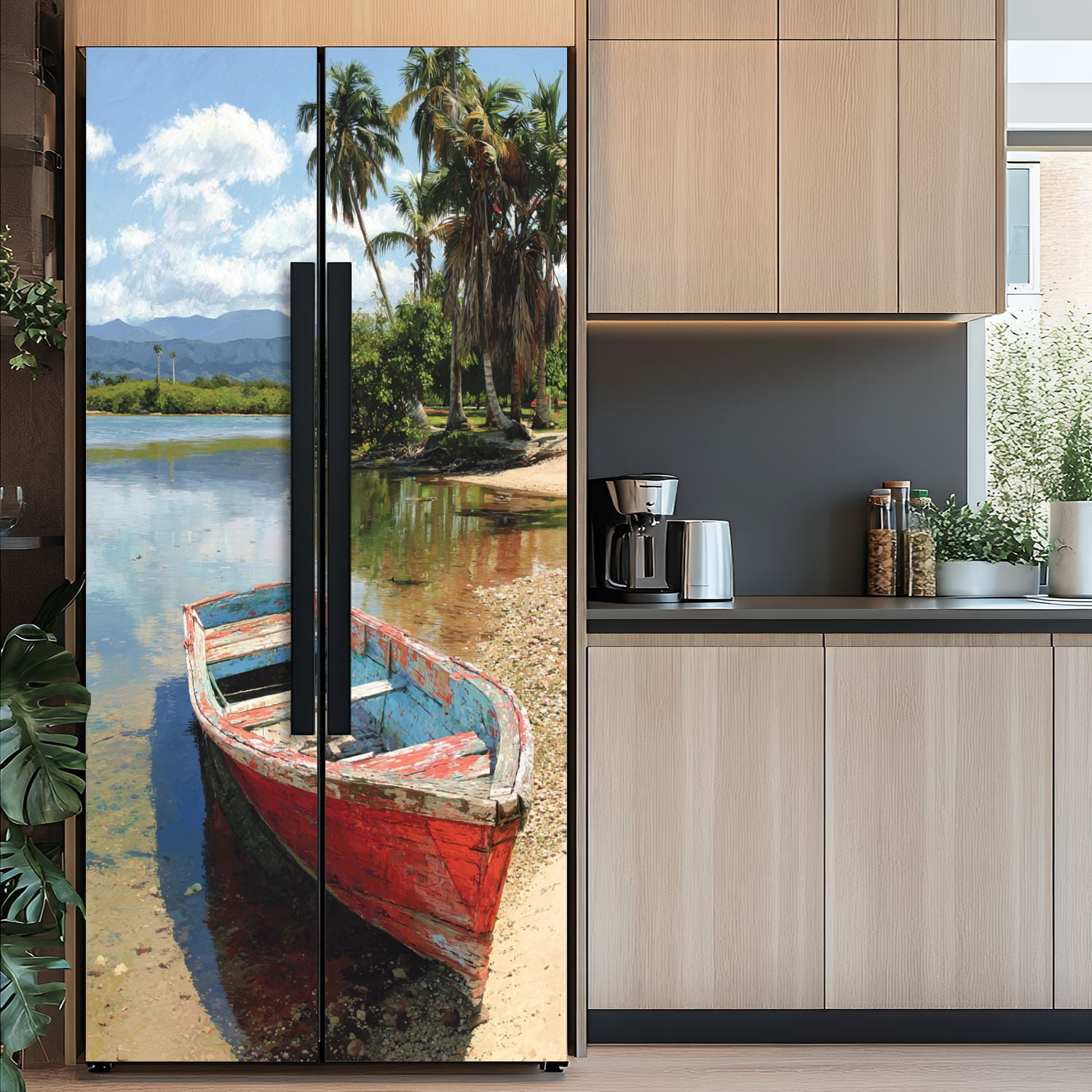 Self Adhesive Vinyl Refrigerator Wrap Set Old Fishing Boat Jacmel Haiti Door Mural Removable Fridge Sticker Peel and Stick&nbsp;Full Door Cover Decal Kitchen Bar Decor