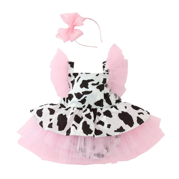 Toimothcn Toddler Baby Girls Romper Dress Toddler Cow Printed Tulle Clothes Sleeveless Tutu Dresses Hair Band Headband Outfits Sets Cute Clothing
