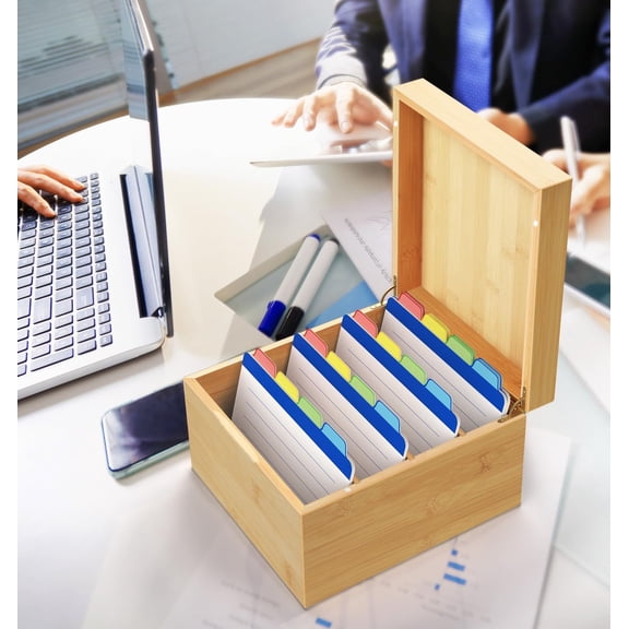 Extra-Large Bamboo Index Card Organizer for 5x8 Cards – Wooden Storage Box with Lid, 4 Compartments, 600-Card Capacity, Includes 20 Tabbed Guides – Natural Filing Box for Home & Office