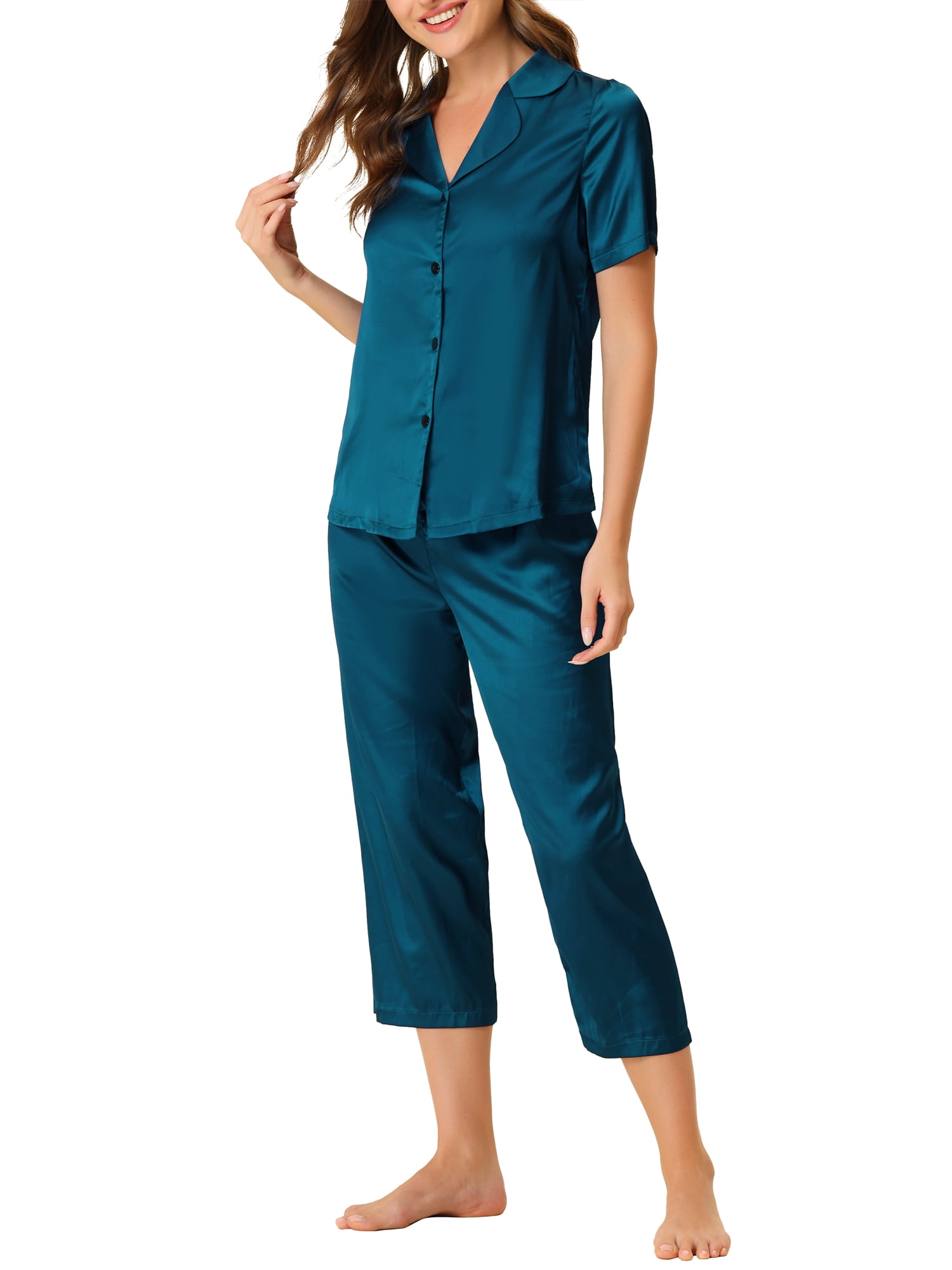 Unique Bargains Women's Loungewear Tops and Capri Pants Satin Pajama Sleepwear Sets