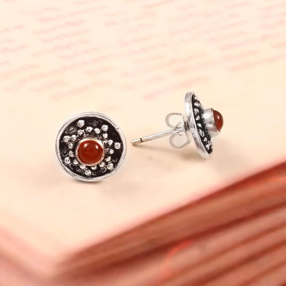Carnelian Stud Earrings – 925 Sterling Silver Natural Carnelian Round Studs, Orange Red Gemstone Minimalist Earrings for Women
