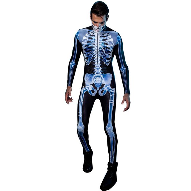 disfraz de esqueleto 3d para hombre y mujer traje de cosplay con estampado de calavera para halloween, vista frontal en 3/4 de un modelo de pie con mono ceñido de lycra negro y gráfico 3D de esqueleto azul y blanco que muestra caja torácica, pelvis y huesos de brazos y piernas, mangas largas y cierre trasero; también adecuado para fiestas y cosplay.