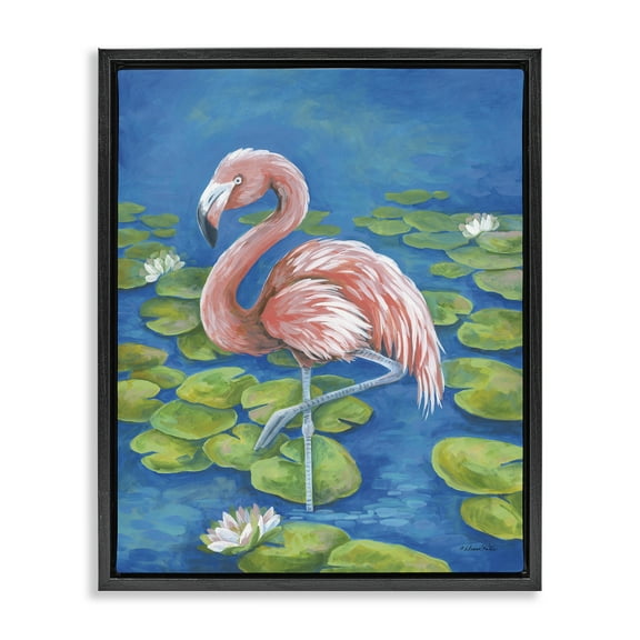 Stupell Industries Balancing Flamingo & Lily Pads Animals Painting Black Floater Framed Canvas Art Print Wall Art, 17 x 21