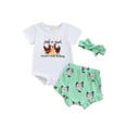 thumbnail image 2 of Aojekbee Baby Girls 3Pcs Summer Outfit Short Sleeve Chicken Print Romper + Shorts + Headband Set Farm Clothes, 2 of 10