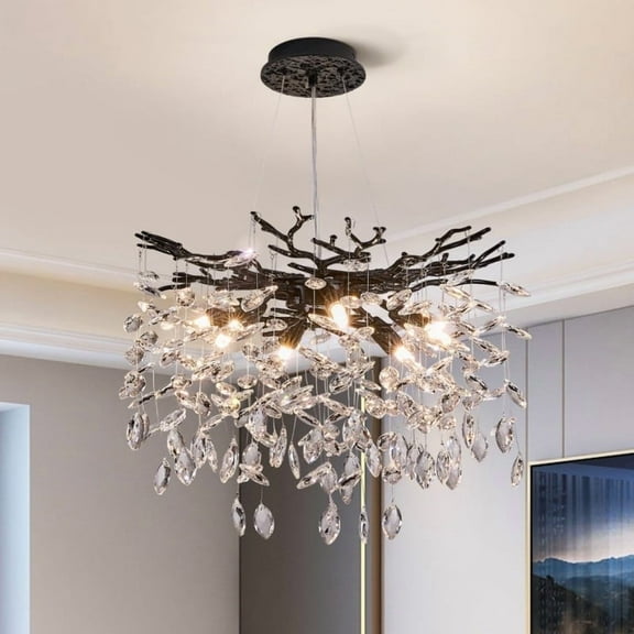 Modern Tree Branch Crystal Chandelier Luxury Black Crystal Pendant Lighting 18" Contemporary 6-Light Chandeliers for Dining Room Kitchen Bedroom Living Room