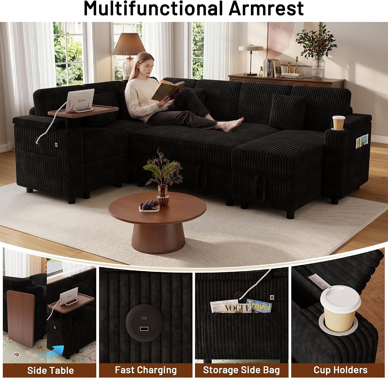 Howcool 100" U-Shaped Modular Sectional Sleeper Sofa, 7-Seat Cloud Couch with Pull-Out Bed, Storage Chaise, USB Ports, Cup Holder & Side Table, Corduroy Sofa Bed for Living Room, Black