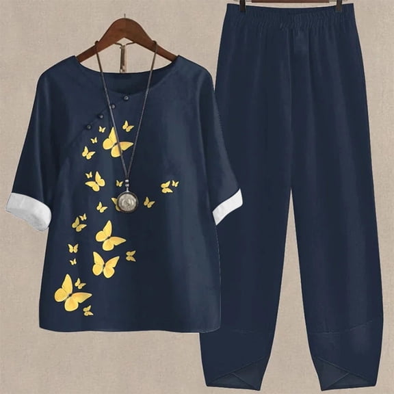 Baqcunre Two Piece Sets for Women,Ladies Five Sleeve Printed Blouse Pants Two Piece Suit,Womens Fashion Outfits for Women Pants for Women Womens Clothes Black L