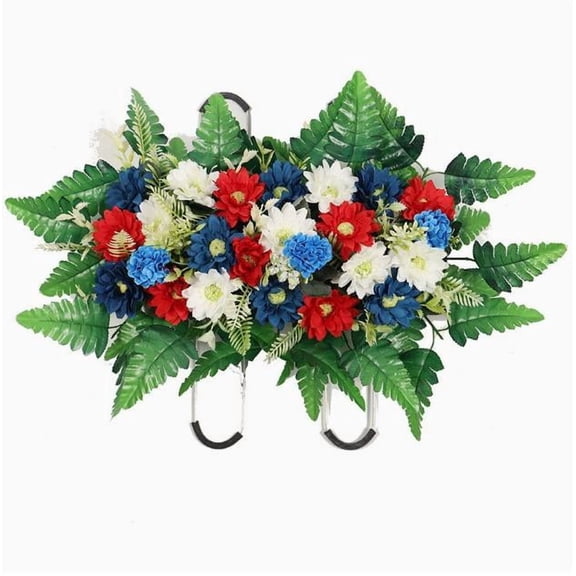 4th of July Patriotic Wreath Artificial Flowers, Grave Flowers for Cemetery Decorations, Realistic Grave Flowers with Headstone Flower Saddle, for Headstone Grave Decoration
