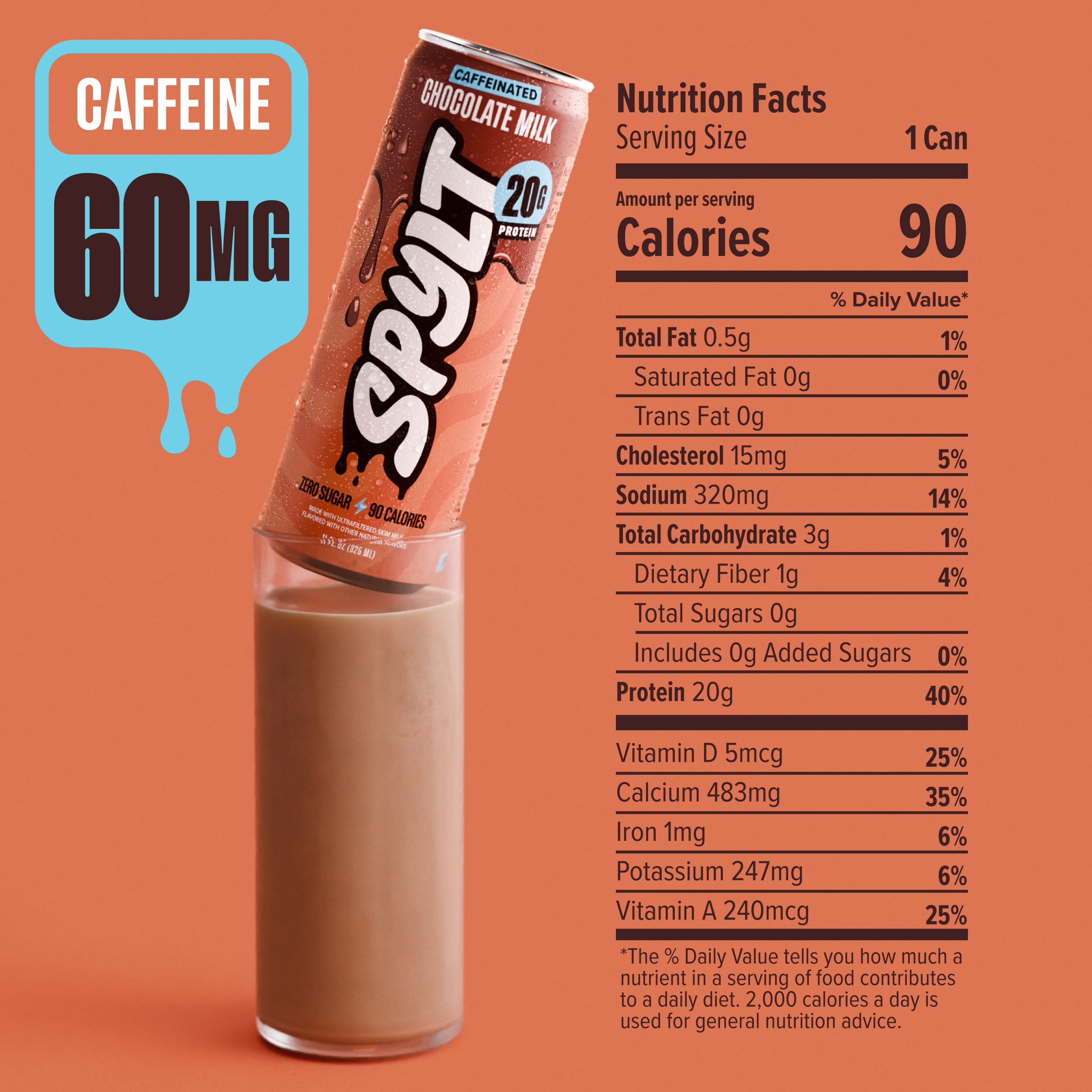SPYLT High Protein Milk, Chocolate, 20g Protein, 60mg Caffeine, Sugar Free, 11 fl oz, 12 Cans - Packaging May Vary