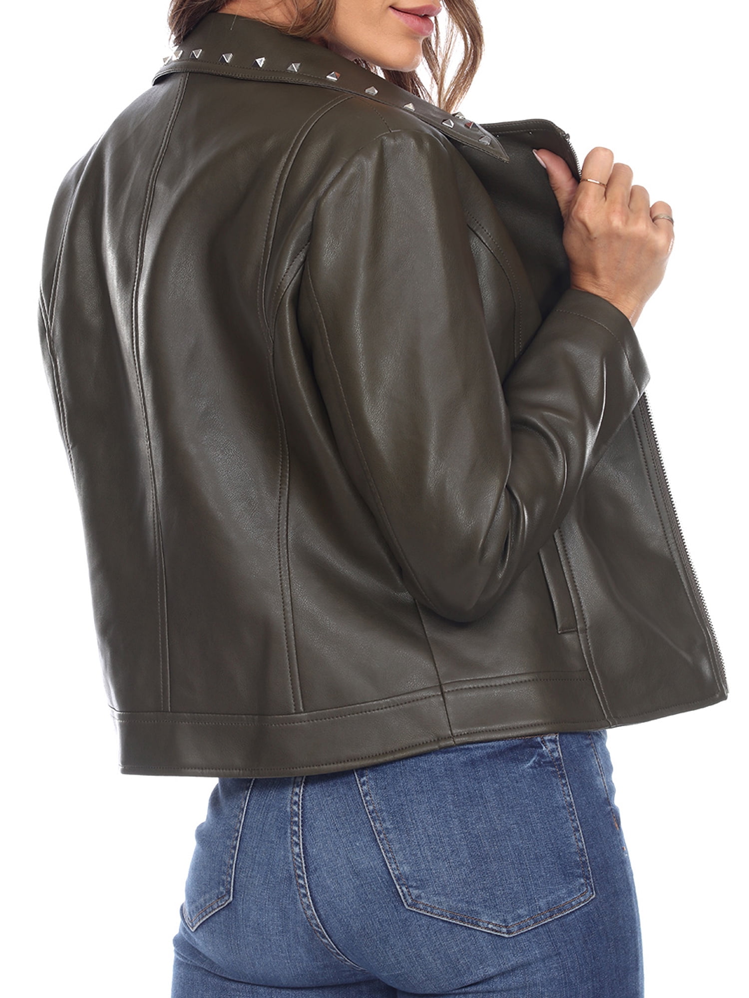 White Mark Women's PU Faux Leather Studded Jacket
